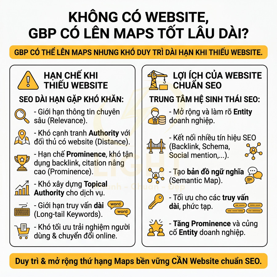 Infographic so sánh hạn chế SEO khi không có website và lợi ích của website chuẩn SEO cho xếp hạng Google Maps